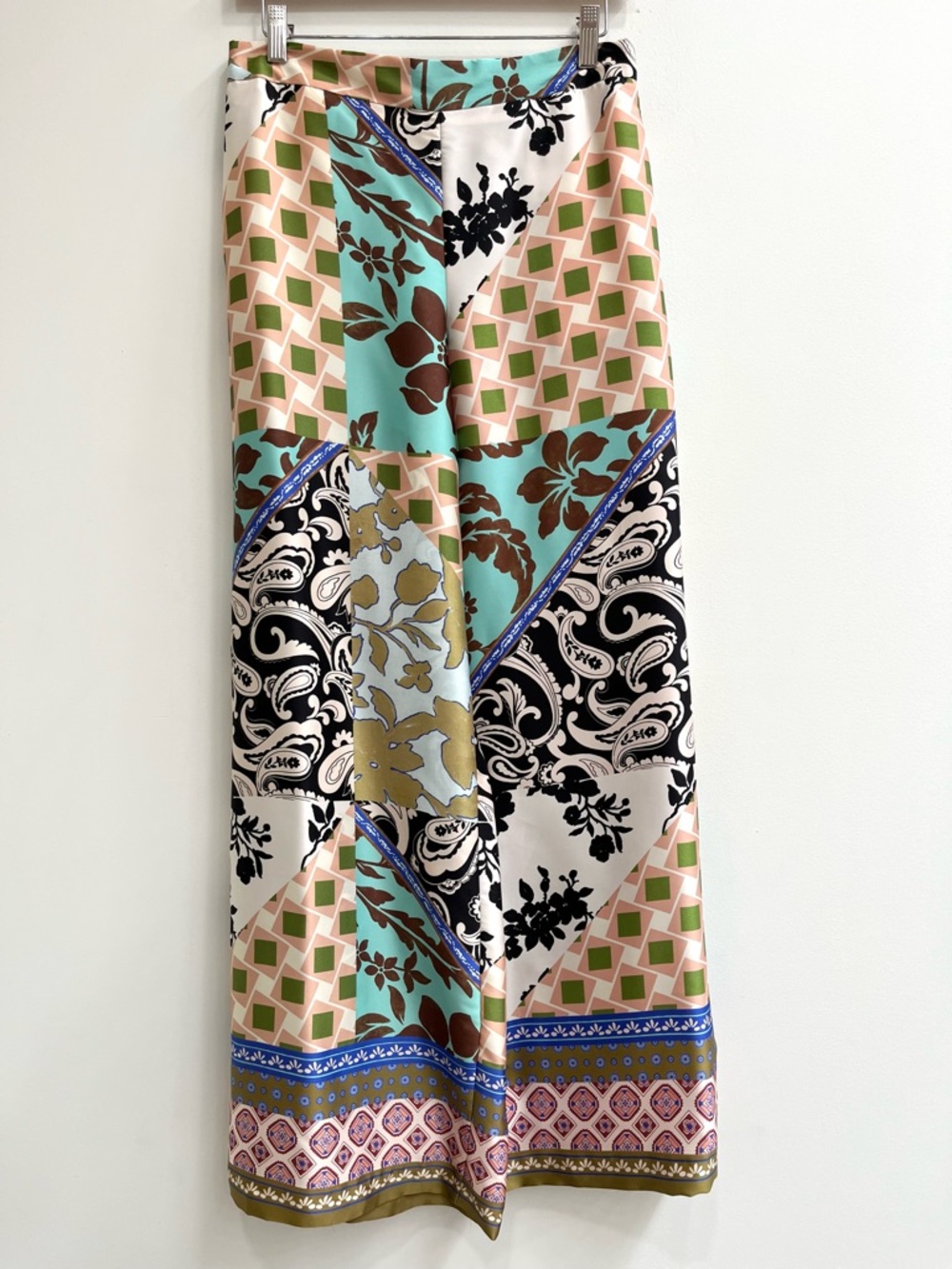 Zara colorful patchwork print satin wide leg trousers pants pull on small
